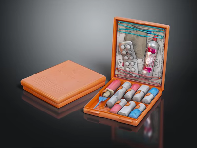 Portable Medical Devices First Aid Kit With Medicine Bottles Ointment Tubes And Pill Packages 3d model