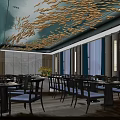 Elegant Modern Banquet Hall Interior With Golden Artistic Ceiling Dining Tables And Chairs