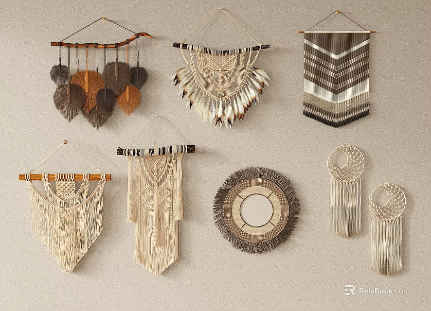 Macrame Wall Hangings With Various Designs Leaf Patterns Tassels And Neutral Tones 3d model