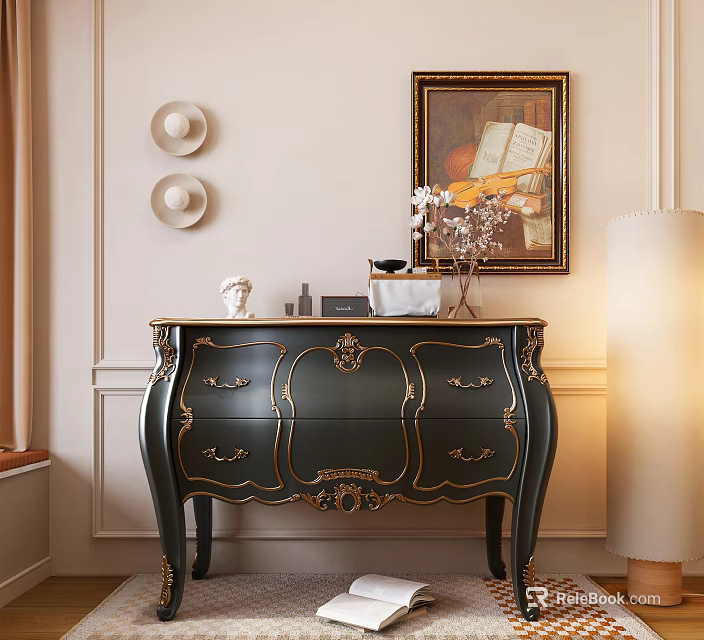 Elegant Dark Green Console Table With Gold Accents Vase Flowers Framed Art Circular Wall Decor 3d model 
