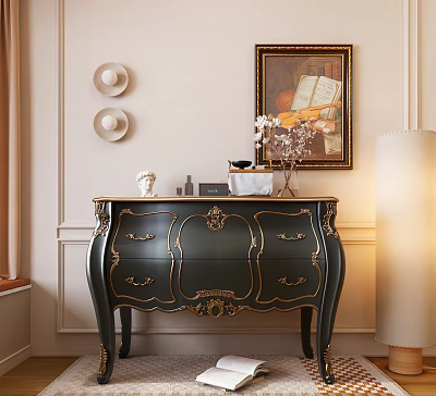 Elegant Dark Green Console Table With Gold Accents Vase Flowers Framed Art Circular Wall Decor 3d model