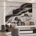 Modern Living Room Interior With Beige Sofa Marble Accent Wall And Round Rug