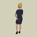 Woman In Professional Dark Blue Uniform Dress With White Collar And Yellow Trim Standing