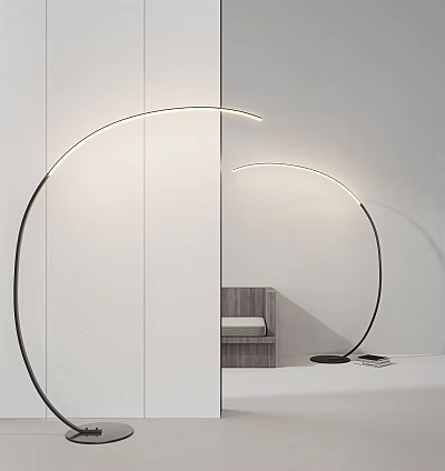 Sleek Modern Arched Floor Lamp with Metal Frame in Contemporary Bedroom Interior with Soft Lighting 3d model