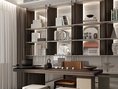 Modern Tea Room Interior With Shelves Table Chairs And Teaset 3d model