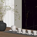 Elegant Tea Set with White Teapot and Teacups on Black Tray Wooden Table Dark Wall