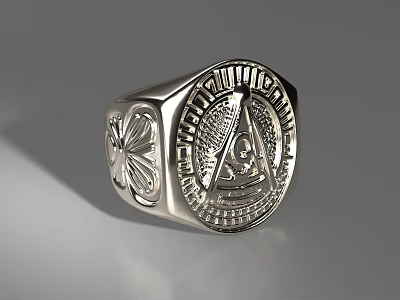 Silver Engraved Masonic Ring With Pyramid Eye Symbol And Intricate Patterns 3d model