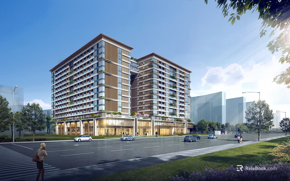 Modern Multi story Building Exterior Design With Glass Facade Wooden Accents And Street View 3d model 