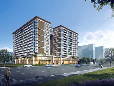 Modern Multi story Building Exterior Design With Glass Facade Wooden Accents And Street View 3d model