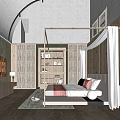 Hotel Room Interior Design With Modern Wooden Bed Arched Ceiling Soft Lighting And Area Rug