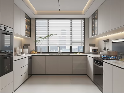 Modern Kitchen Interior With White Cabinets Large Windows Blinds And Island Counter 3d model