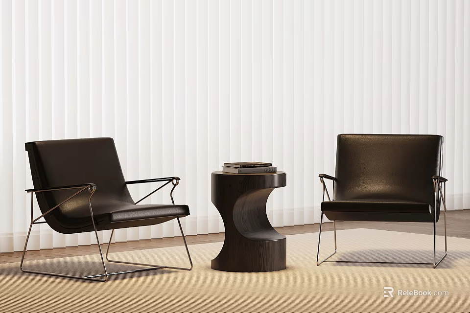 Modern Black Leather Lounge Chairs with Metal Frame Wooden Side Table Books White Vertical Blinds 3d model 
