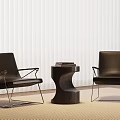 Modern Black Leather Lounge Chairs with Metal Frame Wooden Side Table Books White Vertical Blinds