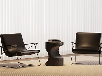 Modern Black Leather Lounge Chairs with Metal Frame Wooden Side Table Books White Vertical Blinds 3d model