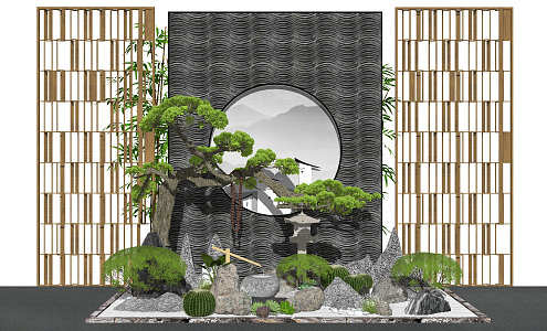 New Chinese style landscape sketch landscape sketch stone landscape wall partition pine 3d model