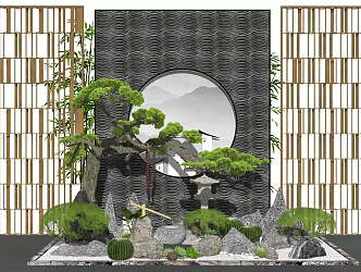New Chinese style landscape sketch landscape sketch stone landscape wall partition pine 3d model