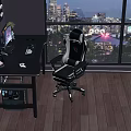Black Gaming Desk and Chair Set With Blue Ambient Lights City Night View