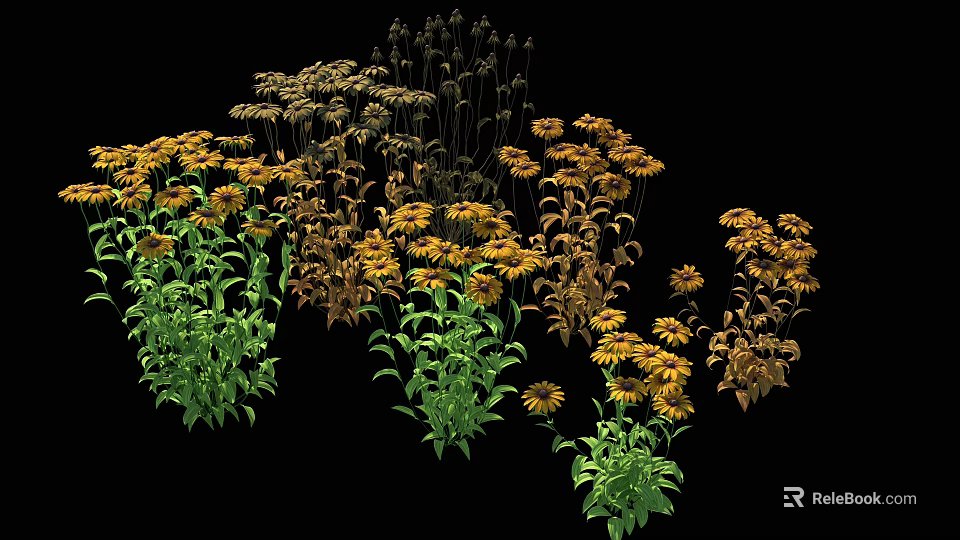 Mixed Assorted Flowers With Yellow Blooms Green Leaves And Brown Foliage On Black Background 3d model 
