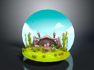 Enchanting Globe Landscape With Blue Sky White Clouds Flying Birds Bamboo Green Grass And Flowers 3d model