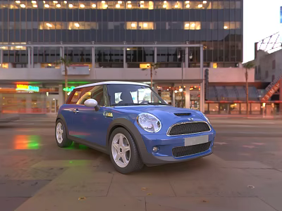Blue Mini Cooper Car on Urban Street with Tall Buildings and Evening City Lights 3d model