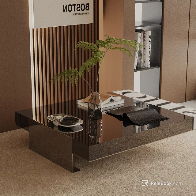 Modern Sofa Coffee Table Set with Black Glass Top Green Plant and Magazines 3d model 