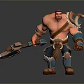 Muscular Warrior Game Character With Spear Blue Arm Guards And Leather Waist Gear