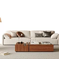 Beige Sofa And Wooden Coffee Table Set With Throw Pillows And Tabletop Items 3d model