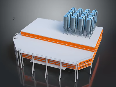 Industrial Wall Structure Featuring Orange White Design And Multi Level Platform With Silver Silos 3d model