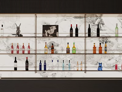 Elegant Wine Cabinet Interior Design With Various Wine Bottles And Decorative Elements 3d model