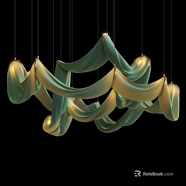 Modern Flowing Green And Gold Chandelier With Silk Like Curved Shades 3d model 