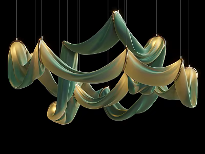 Modern Flowing Green And Gold Chandelier With Silk Like Curved Shades 3d model