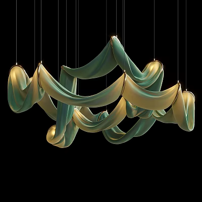 Modern Flowing Green And Gold Chandelier With Silk Like Curved Shades 3d model