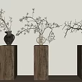 Minimalist Floral Display With Twig Plants In Vases On Wooden Pedestals Natural Decor