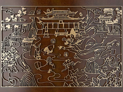 Traditional Wooden Carving Artwork With Ancient Pavilion Landscape And Figures 3d model