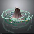 Scene Structure With Halo Long Hair and Circular Decorations Surrounded by Flowers and Green Elements