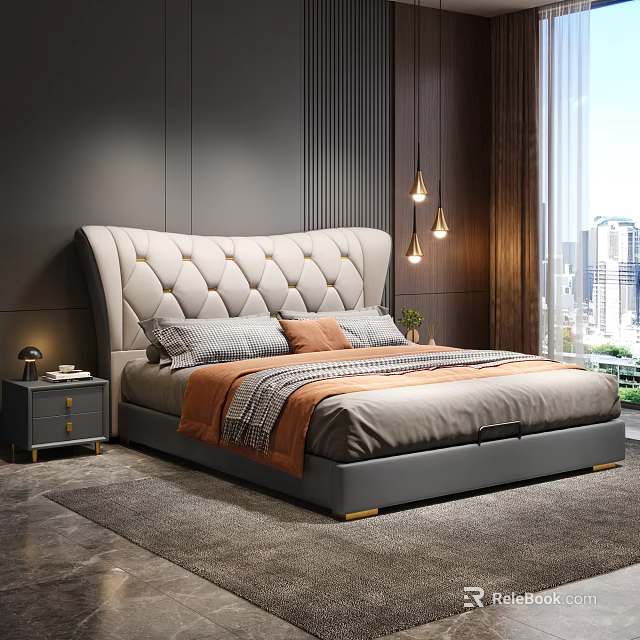 Modern Stylish Bedroom Interior With Tufted Headboard Pendant Lights And City View Window 3d model 