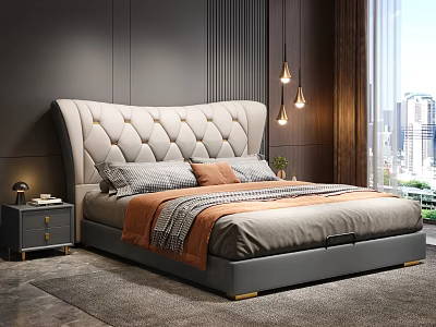 Modern Stylish Bedroom Interior With Tufted Headboard Pendant Lights And City View Window 3d model