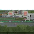 Modern School Building With White And Red Facade Multiple Floors Large Windows Green Lawn Front