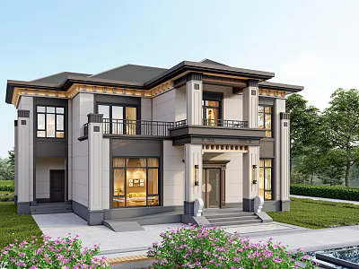 Modern Luxury Detached Villa Exterior With Large Windows Front Porch Lawn And Flower Beds 3d model