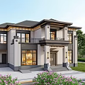 Modern Luxury Detached Villa Exterior With Large Windows Front Porch Lawn And Flower Beds