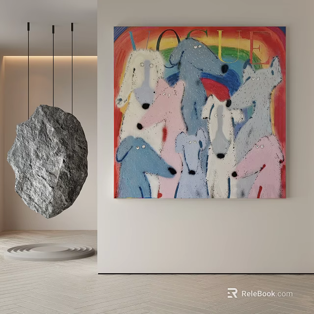 Modern Vibrant Abstract Painting with Pink Blue Dog Figures and Rainbow Background 3d model 