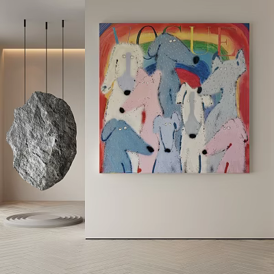 Modern Vibrant Abstract Painting with Pink Blue Dog Figures and Rainbow Background 3d model
