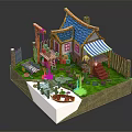 3D Cartoon Scene Featuring Cute House Blue Roof Striped Awning Wooden Fence And Small Boat