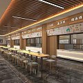 Spacious Restaurant Interior With Wooden Ceiling Long Dining Tables And Menu Boards 3d model