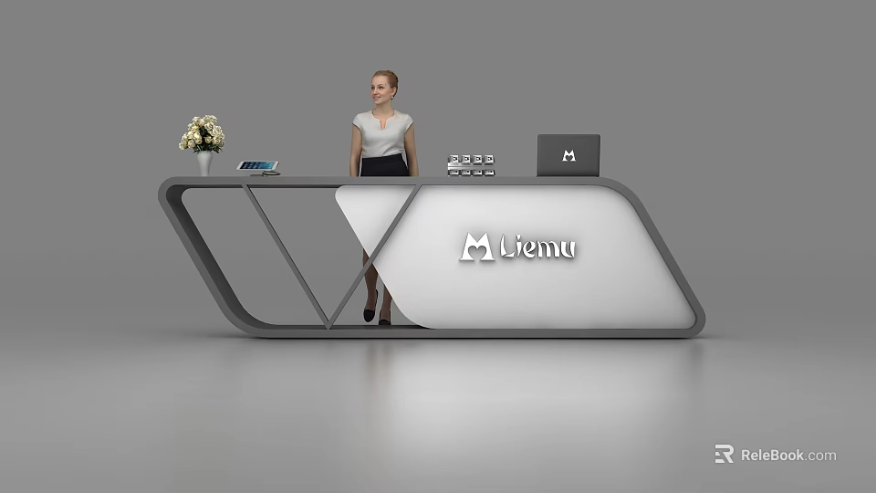 Modern Gray and White Reception Desk with Flower Vase Phone Computer and Receptionist 3d model 