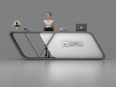 Modern Gray and White Reception Desk with Flower Vase Phone Computer and Receptionist 3d model
