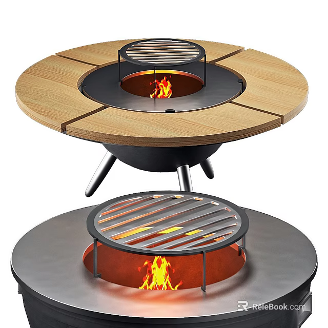 Various Designs Of Fire Pit With Wooden Tabletop Metal Base And Grill Cover 3d model 
