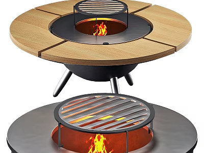 Various Designs Of Fire Pit With Wooden Tabletop Metal Base And Grill Cover 3d model