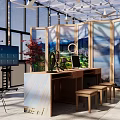 Steel Frame Glass Building With Transparent Curtain Walls And Interior Tables Chairs