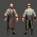 Bald Bearded Male 3D Model With Light Green Shirt Brown Leather Apron Front Back View